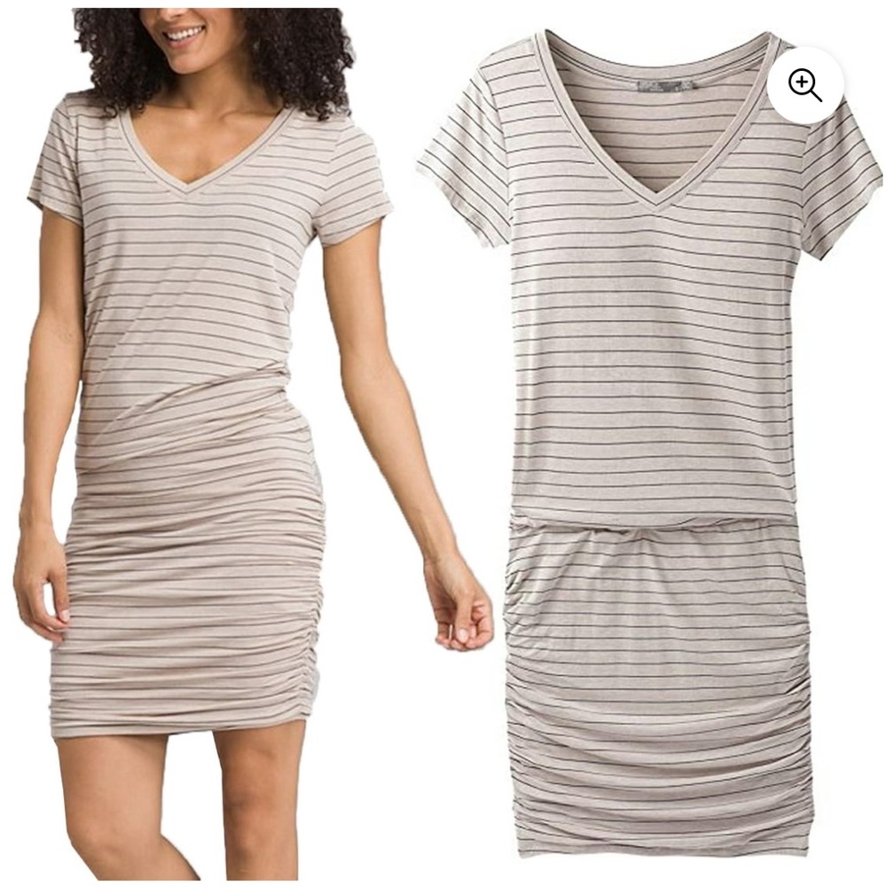 Prana Grey Striped Foundation T-Shirt Natural Modal  Ruching Soft Dress NWT L